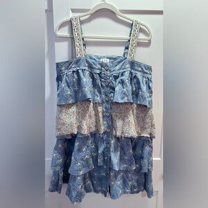 NWOT POL Blue Floral Embroidered tiered Top